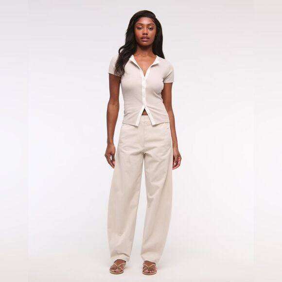 🆕 Abercrombie & Fitch | Mid Rise Barrel Pant | Ash Light Tan Trousers - Picture 2 of 7